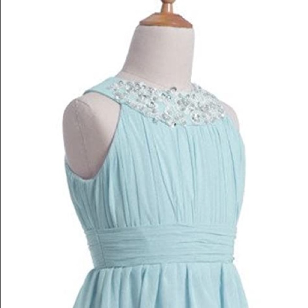 Girl's Round Neckline Ruched Bust Flower Girl Party Dress Light Sky Blue